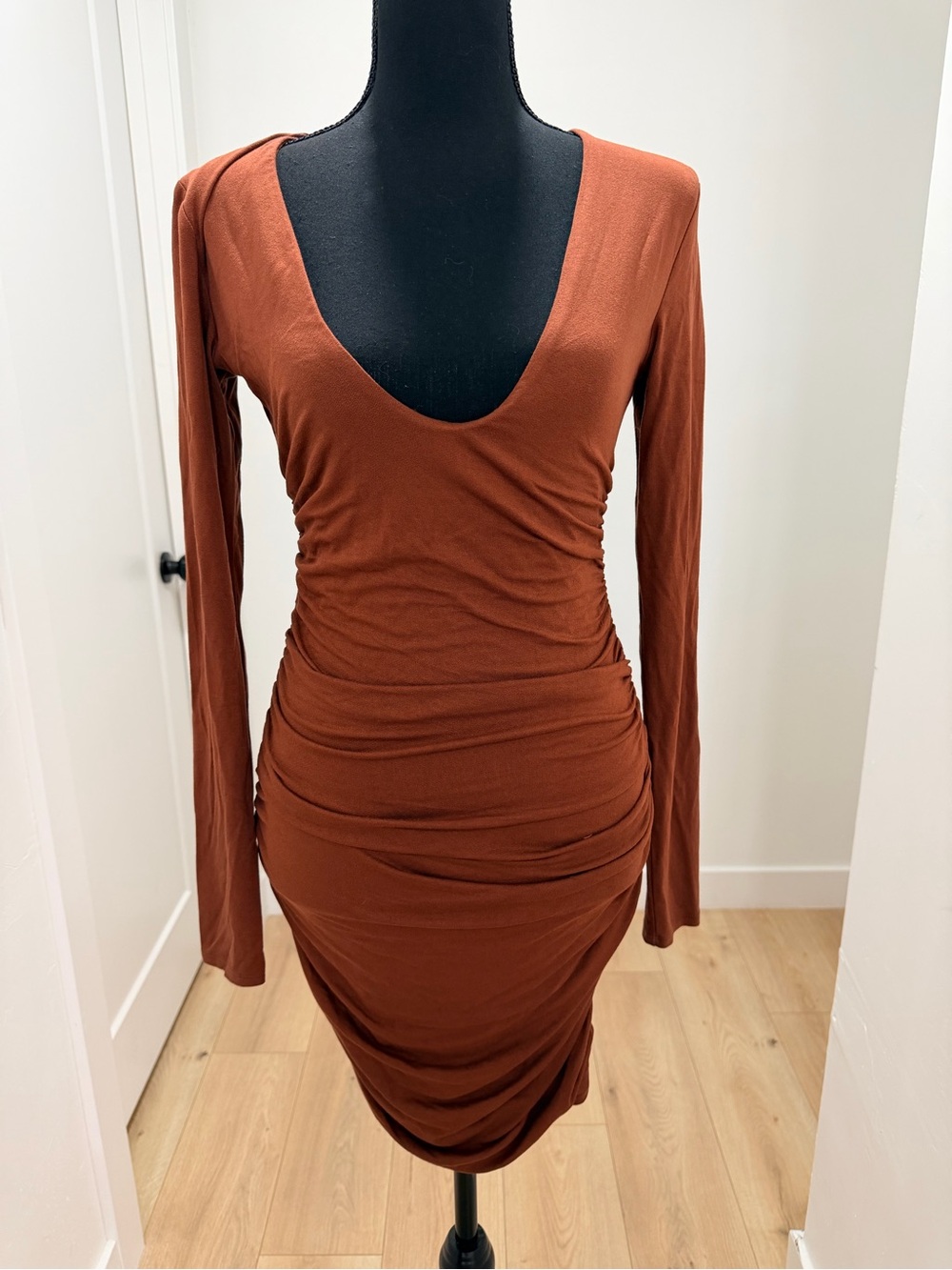 AFRM Rust Long Sleeve Ruched Bodycon Dress